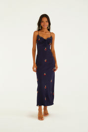 Vestido Cetim Bordado Morango