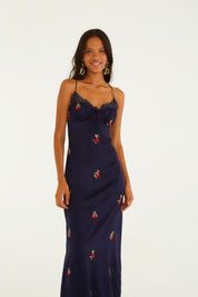 Vestido Cetim Bordado Morango