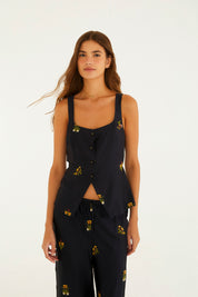 Conjunto Blusa e Calca Cetim Bordado Selva