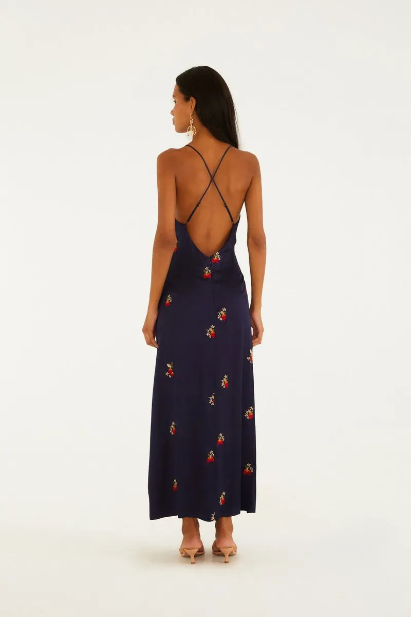 Vestido Cetim Bordado Morango